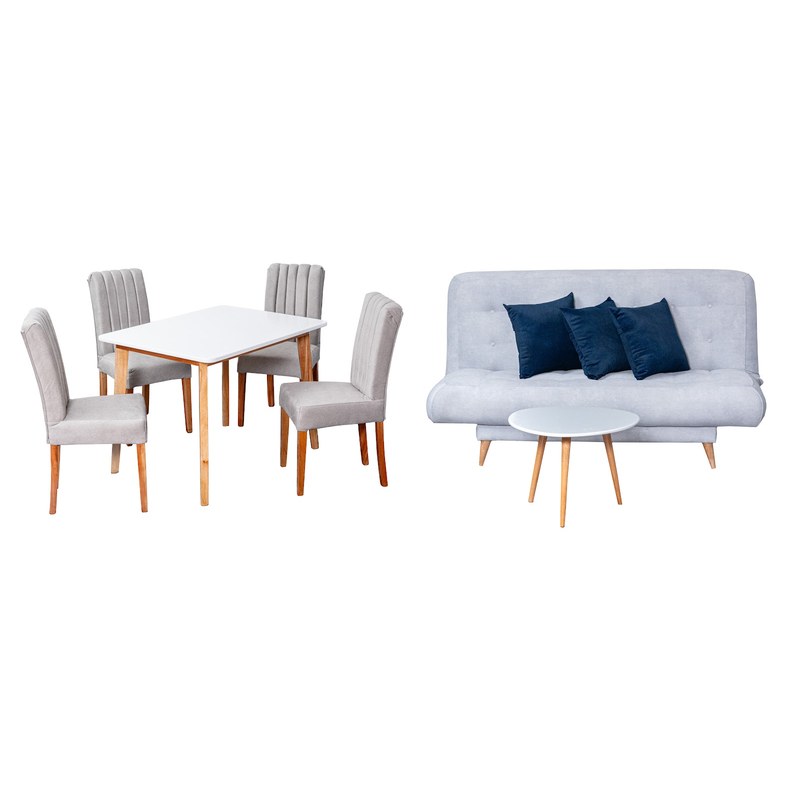 Combo Sofá Cama Porto 2P + Mesa de Centro + Comedor Thiago 4P · 4 Sillas Venecia