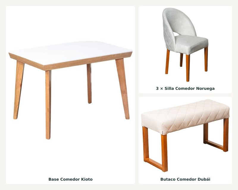 Comedor Kioto 4P · 3 Sillas Noruega + Butaco Dubai