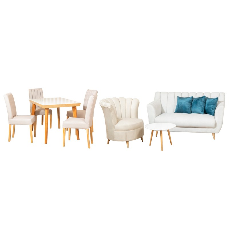 Combo Sofá Bruselas 2P + Poltrona Suiza + Mesa de Centro Persa + Comedor Kioto 4P · 4 Sillas Venecia