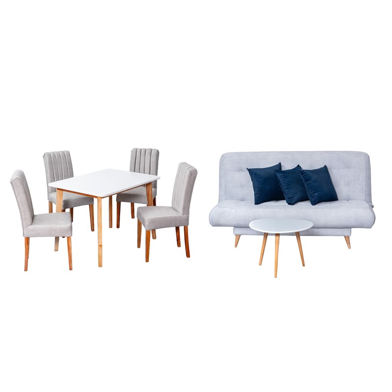 Combo Sofá Cama Porto 3P + Mesa de Centro Persa + Comedor Thiago 4P · 4 Sillas Venecia
