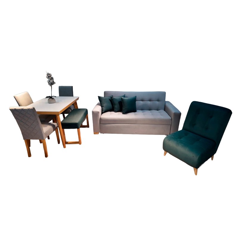 Combo Sofá Cama Monaco 3P + Poltrona Porto + Comedor Kioto 4P · 3 Sillas Corea + Butaco España