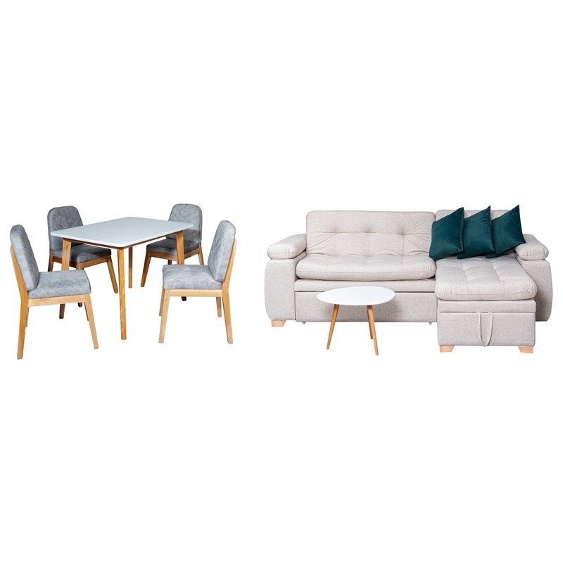 Combo Sala Cama Belgica + Mesa de Centro Persa + Comedor Thiago 4P · 4 Sillas Portugal