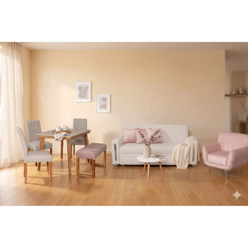 Combo Sofá Cama Berlin 2P + Poltrona Atlanta + Mesa de Centro + Comedor Kioto 4P · 3 Sillas Venecia + Butaco Venecia
