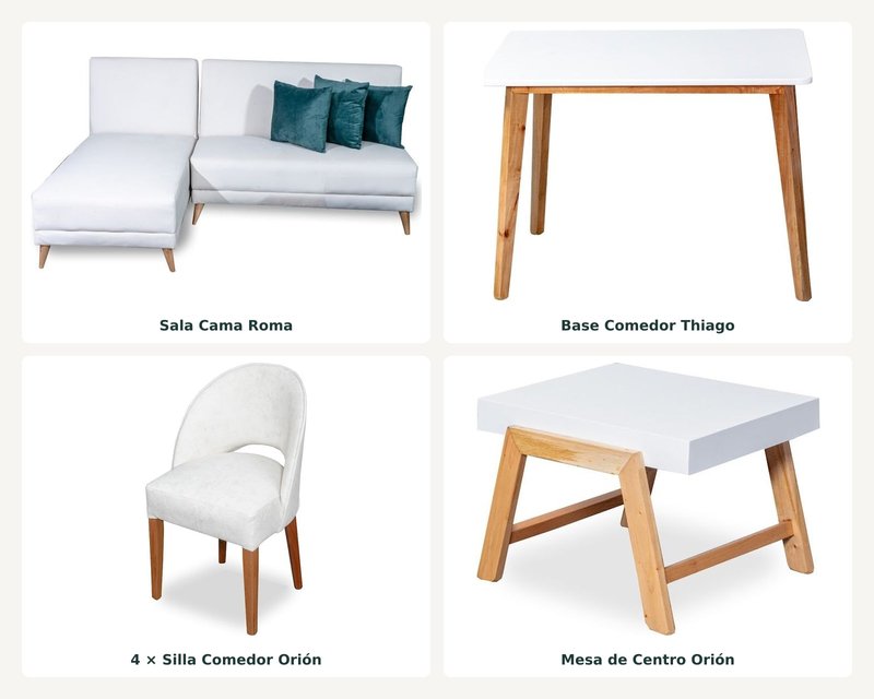 Combo Sala Cama Roma + Mesa de Centro Orion + Comedor Thiago 4P · 4 Sillas Orion