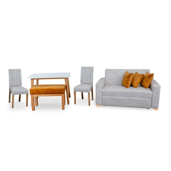 Combo Sofá Cama España 2P + Comedor Thiago 4P · 2 Sillas Venecia + Butaco Rio