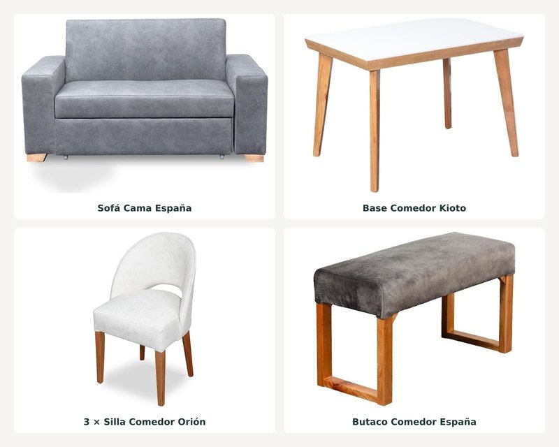 Combo Sofá Cama España 2P + Comedor Kioto 4P · 3 Sillas Orion + Butaco España foto 1