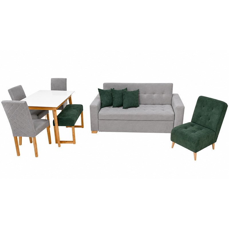Combo Sofá Cama Monaco 2P + Poltrona Porto + Comedor Kioto 4P · 3 Sillas Corea + Butaco España