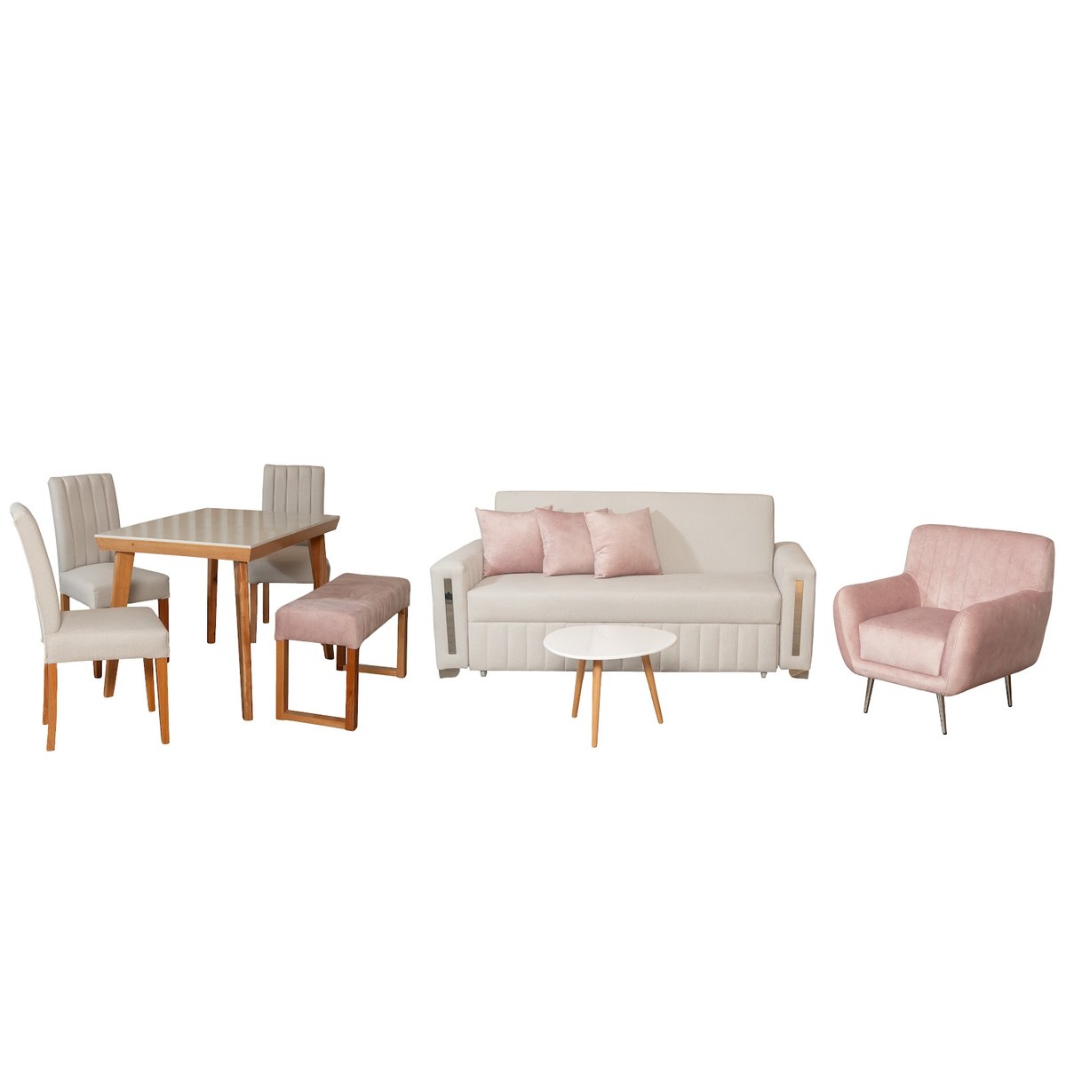 Combo Sofá Cama Berlin 3P + Poltrona Atlanta + Mesa de Centro Persa + Comedor Kioto 4P · 3 Sillas Venecia + Butaco Venecia foto 1