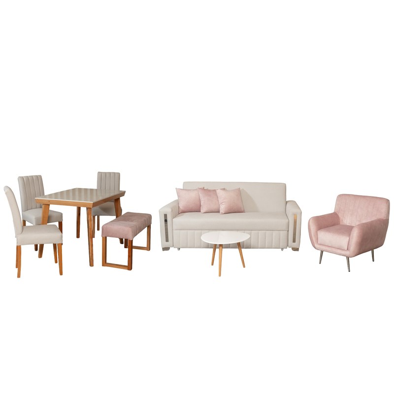 Combo Sofá Cama Berlin 3P + Poltrona Atlanta + Mesa de Centro Persa + Comedor Kioto 4P · 3 Sillas Venecia + Butaco Venecia