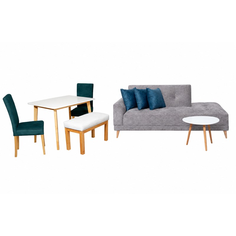 Combo Sofá Cama Congo 2P + Mesa de Centro + Comedor Thiago 4P · 2 Sillas Rio + Butaco Rio