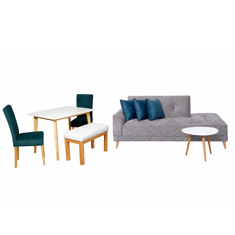 Combo Sofá Cama Congo 3P + Mesa de Centro Persa + Comedor Thiago 4P · 2 Sillas Rio + Butaco Rio