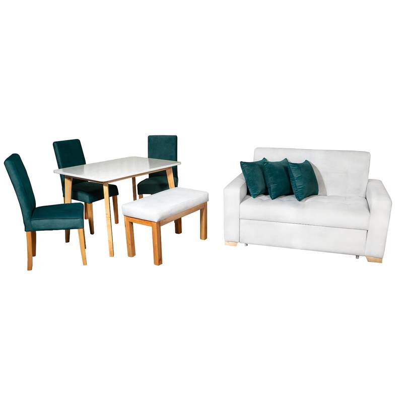 Combo Sofá Cama Monaco 2P Anclaje + Comedor Thiago 4P · 3 Sillas Rio + Butaco Rio