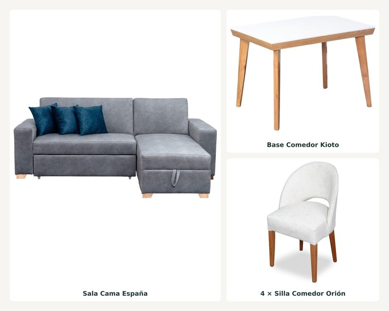 Combo Sala Cama España + Comedor Kioto 4P · 4 Sillas Orion
