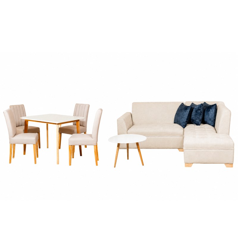 Combo Sala en L Milan + Mesa de Centro Persa + Comedor Thiago 4P · 4 Sillas Venecia